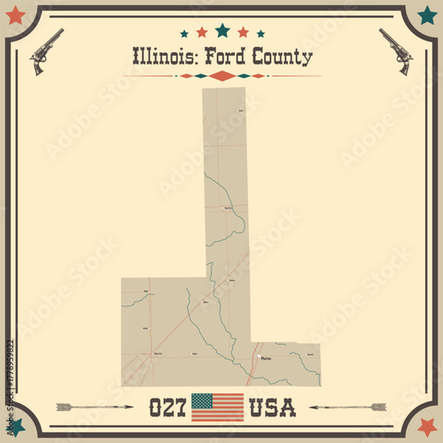 Large and accurate map of Ford County, Illinois, USA with vintage colors.