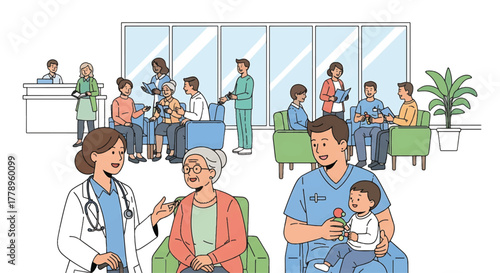 Illustration of a busy hospital waiting room with medical staff and patients, including a doctor examining a patient and a man holding a child.
