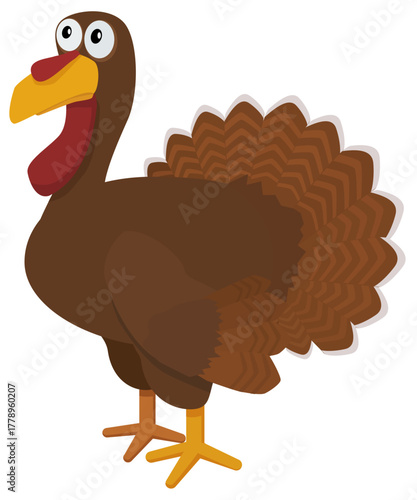 Cute, brown turkey with a red wattle and bright plumage, in a simple cartoon style. Concept for Thanksgiving or holidays (cut out)