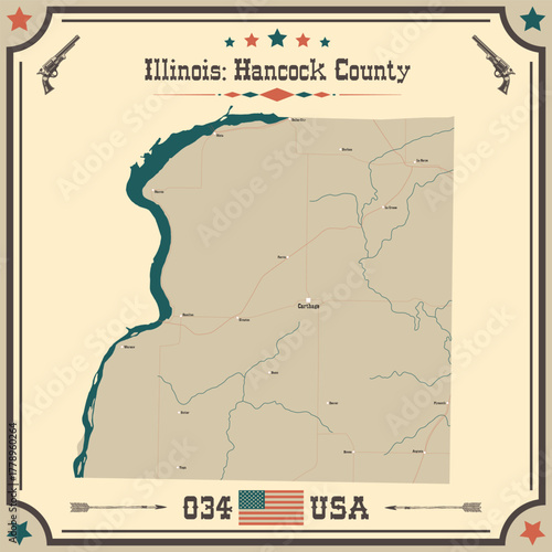 Large and accurate map of Hancock County, Illinois, USA with vintage colors.