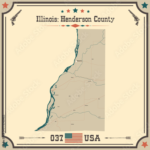Large and accurate map of Henderson County, Illinois, USA with vintage colors.