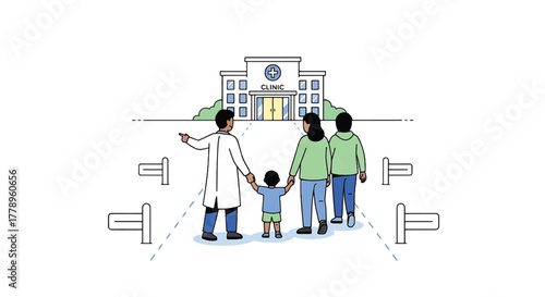 Illustration of a doctor and two parents with a child standing in front of a hospital with a line graph and bar chart in the background.