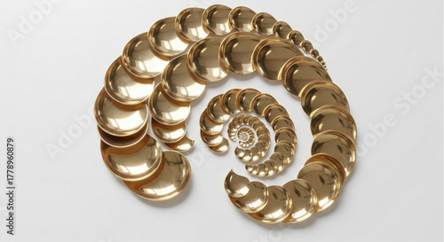 An elegant, golden spiral sculpture representing the Fibonacci sequence or Golden Ratio. This modern, abstract design symbolizes luxury, growth, and perfect harmony.