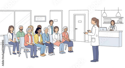 Illustration of a diverse group of patients sitting in a waiting room while a doctor stands and addresses them.
