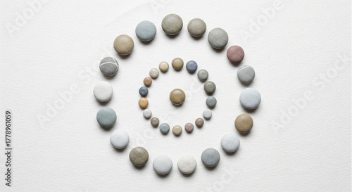 A tranquil Zen stone spiral on a clean white background. This minimalist design is perfect for wellness, meditation, or focus concepts.