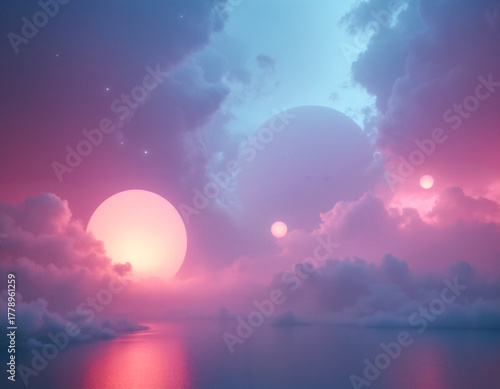 A surreal, vibrant alien landscape featuring two large moons/planets and smaller celestial bodies suspended in a sky of glowing pink, purple, and blue clouds, reflected over a calm ocean.