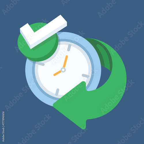 Cartoon-style alarm clock icon surrounded by check marks and arrows, symbolizing fast delivery, schedule, and time management. Isolated vector illustration.