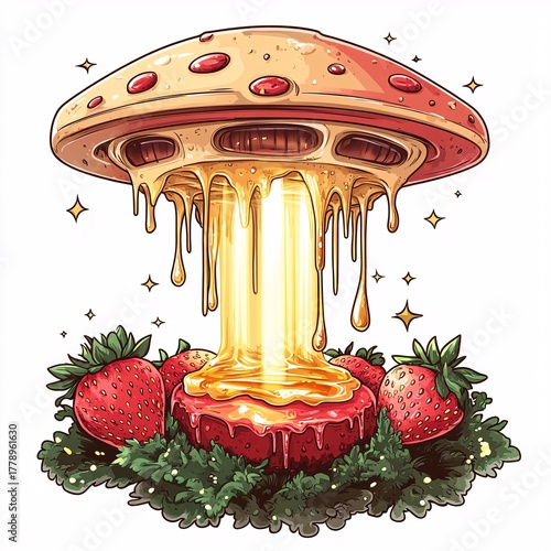 Sticker design of a pop surreal waffle UFO rising from strawberry crater with syrup beams on white background, no person, no tattooed skin