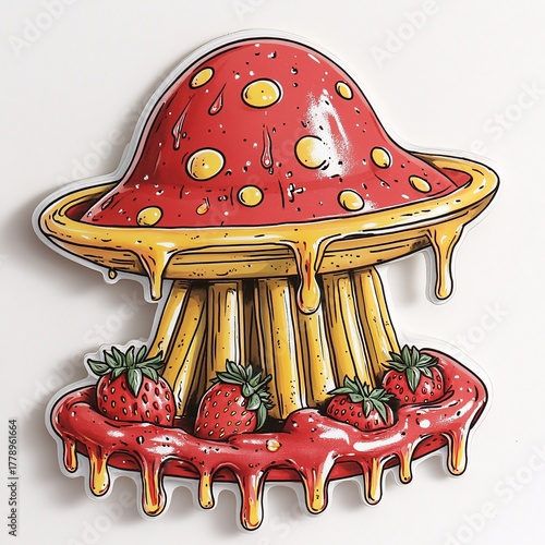 Sticker design of a pop surreal waffle UFO rising from strawberry crater with syrup beams on white background, no person, no tattooed skin