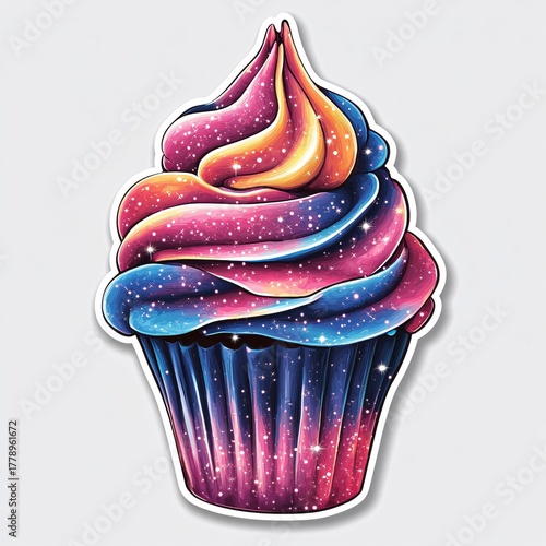 Sticker design of a pop surreal cupcake UFO doing aerial flips in whipped galaxy space on white background, no person, no tattooed skin
