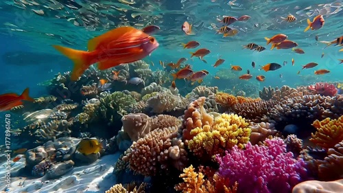 Vibrant coral reef teeming with colorful tropical fish underwater