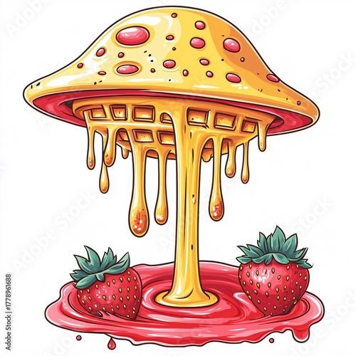 Sticker design of a pop surreal waffle UFO rising from strawberry crater with syrup beams on white background, no person, no tattooed skin