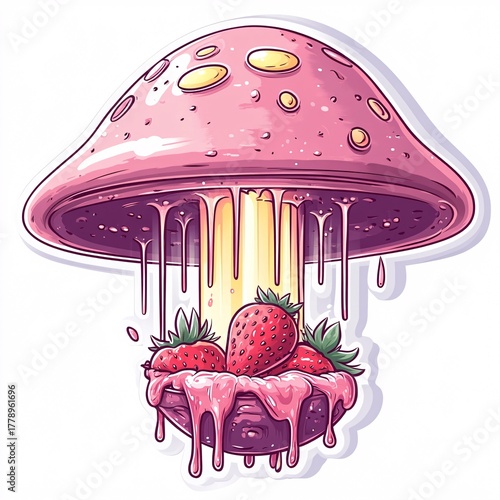 Sticker design of a pop surreal waffle UFO rising from strawberry crater with syrup beams on white background, no person, no tattooed skin
