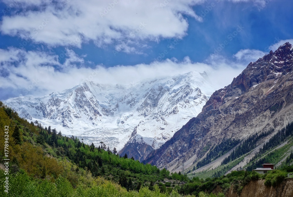 Fototapeta premium Tibetan Mountain Landscape with Dramatic Rock Formations and Snowy Summits