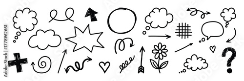 Line marker hand drawn brush arrow element set. Hand drawn line circle, cloud, star symbol highlight marker shape. Vector illustration.