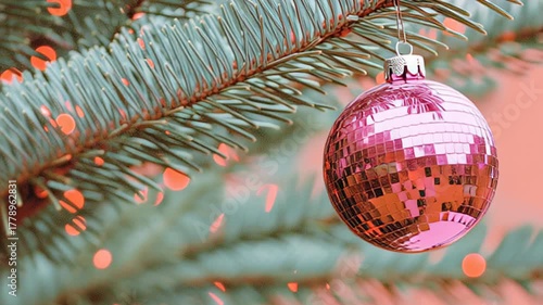Festive pink disco ball ornament on Christmas tree with warm glow