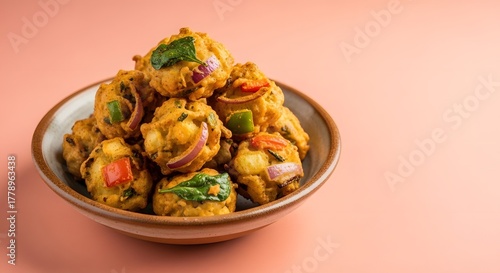 Crispy Onion Bhajis with Fresh Spinach and Bell Peppers in a Bowl