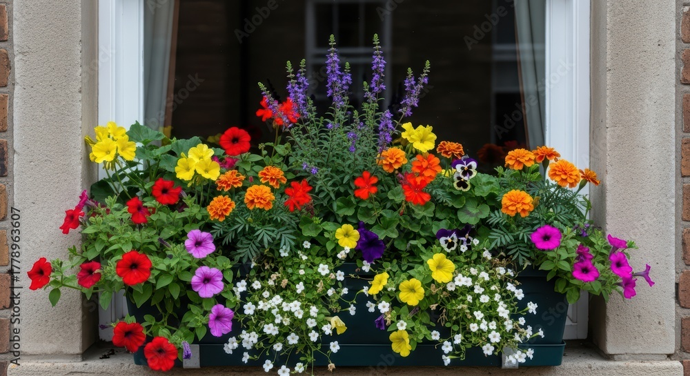 Naklejka premium Vibrant window box garden with colorful flowers in urban setting