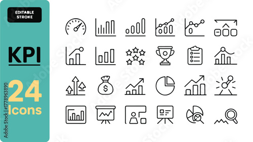 24 minimalist black line business analytics icons grid, featuring KPI symbols, charts, graphs, metrics, data visualization, editable stroke, modern professional vector design.