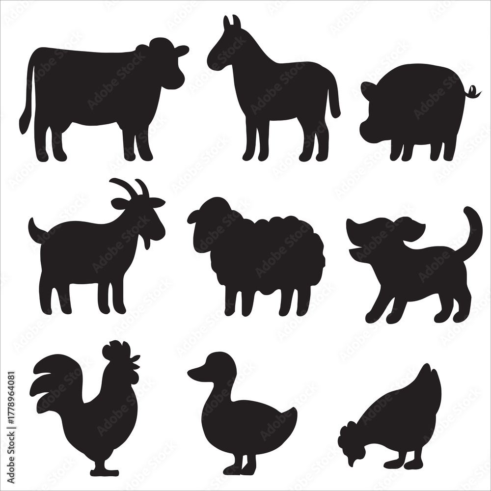 Obraz premium Set of Farm Animals Silhouette Icons Vector Graphic