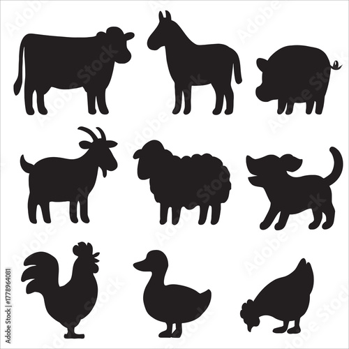 Set of Farm Animals Silhouette Icons Vector Graphic