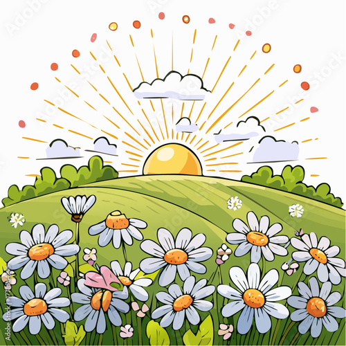 Late summer country landscape with daisies meadow and sunbeam