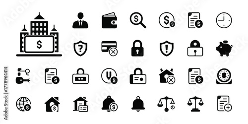 Black and white minimalist financial and business icons in three rows, uniform size, clean lines, grid layout, monochromatic, professional, modern, secure, banking, money, commerce.