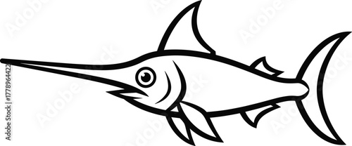 Black and white swordfish outline drawing with long bill, fins, and tail in simple marine animal line art style.