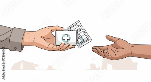 Illustration of one hand offering a medical insurance card and paperwork to another outstretched hand against a white background.
