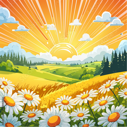 Late summer country landscape with daisies meadow and sunbeam