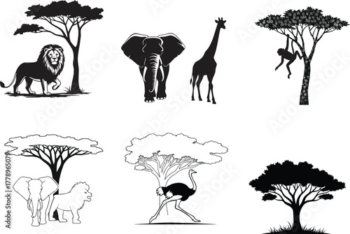 African wildlife silhouettes with savanna trees featuring lion, elephant, giraffe, monkey, ostrich in natural habitat vector illustration set