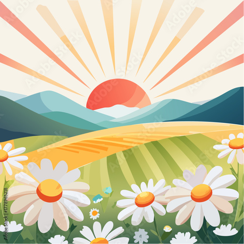 Late summer country landscape with daisies meadow and sunbeam