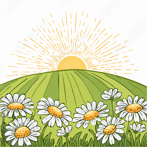 Late summer country landscape with daisies meadow and sunbeam