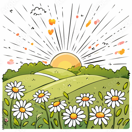 Late summer country landscape with daisies meadow and sunbeam