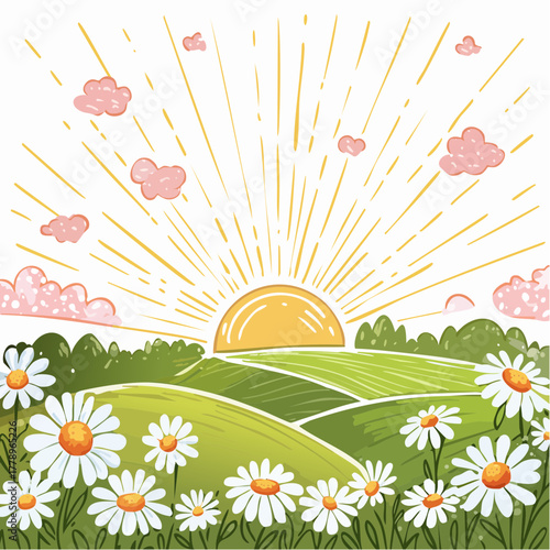 Late summer country landscape with daisies meadow and sunbeam