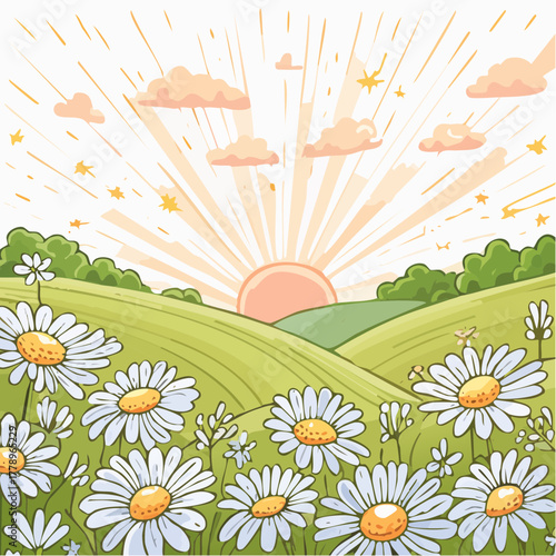 Late summer country landscape with daisies meadow and sunbeam