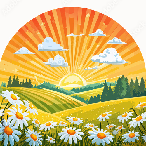Late summer country landscape with daisies meadow and sunbeam