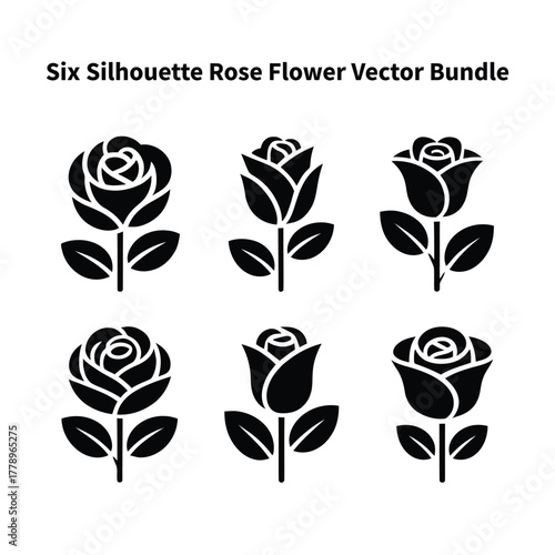 Elegant Rose Silhouette Collection: A visually striking vector bundle showcasing six unique silhouette designs of the classic rose flower.