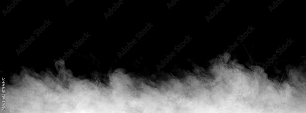 Naklejka premium Realistic white fog and smoke rising against a black background, creating a mysterious, cinematic atmosphere. Perfect for overlay effects, horror scenes, or digital design compositions.