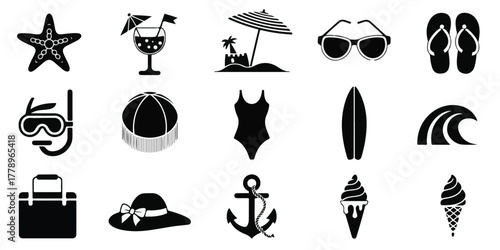 Black and white beach summer icons set silhouette, starfish, sandcastle, palm tree, flip flops, umbrella, surfboard, sunglasses, ice cream, minimalist vector illustration.