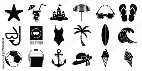 Black and white beach summer icons set silhouette, starfish, sandcastle, palm tree, flip flops, umbrella, surfboard, sunglasses, ice cream, minimalist vector illustration.