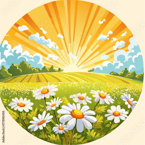 Late summer country landscape with daisies meadow and sunbeam