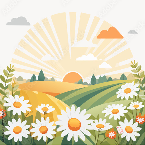 Late summer country landscape with daisies meadow and sunbeam