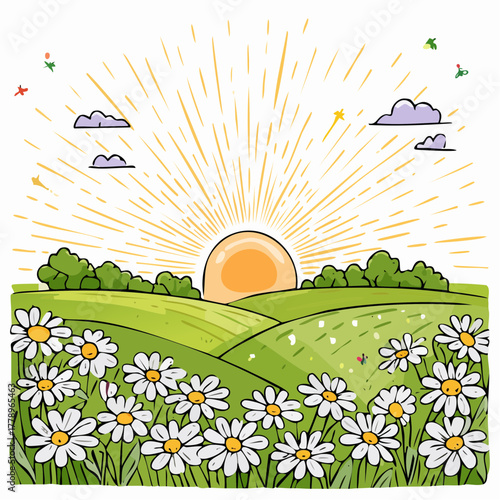 Late summer country landscape with daisies meadow and sunbeam