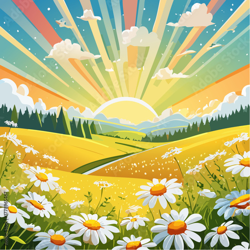 Late summer country landscape with daisies meadow and sunbeam