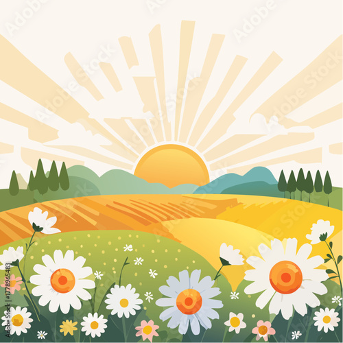 Late summer country landscape with daisies meadow and sunbeam