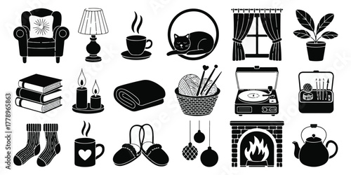 Black and white cozy home decor silhouette set featuring armchair, lamp, coffee cup, cat, books, candles, socks, fireplace, and teapot minimalist illustration.