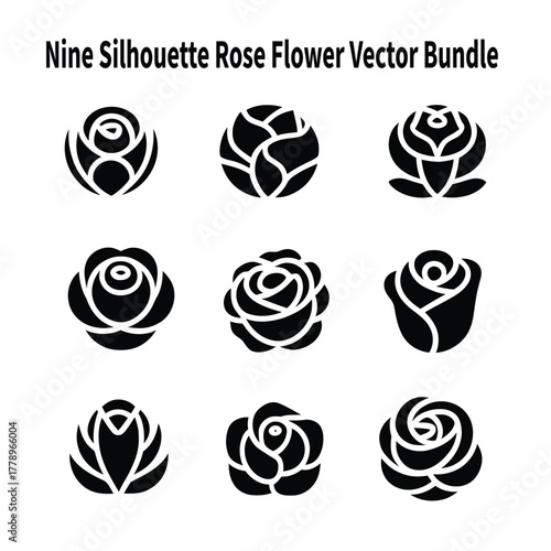 Nine Silhouette Rose Flower Vector Bundle: A collection of nine distinct silhouette designs of roses in vector format.