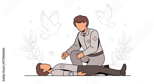 Illustration of a man performing first aid on another man lying on the ground with a minimalist background featuring doves and plants.