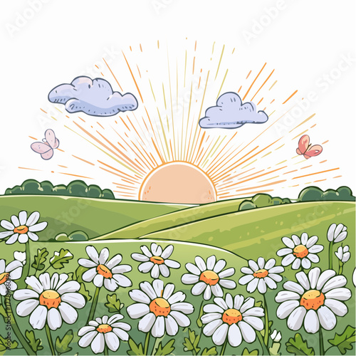 Late summer country landscape with daisies meadow and sunbeam